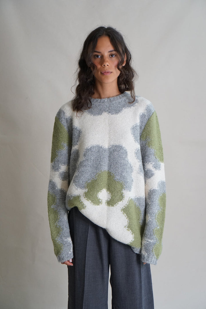 Mid Century Motif Intarsia Jumper - Moss