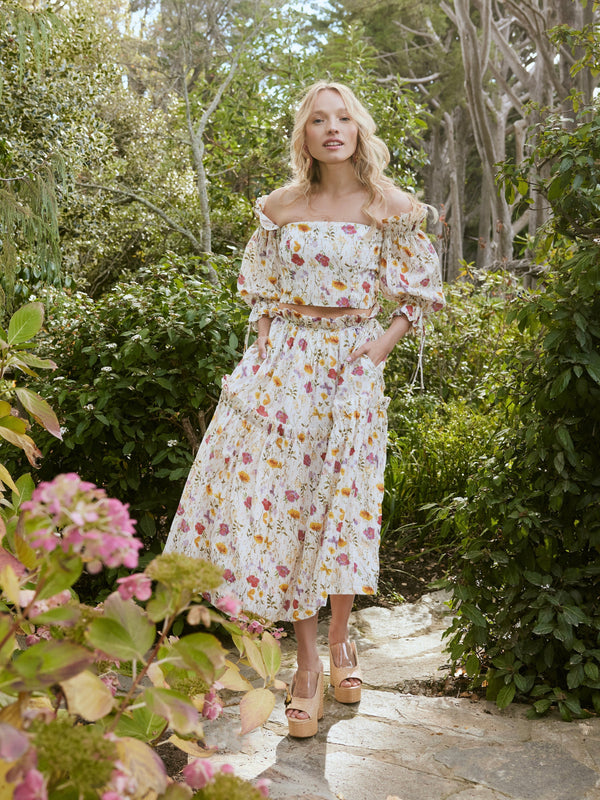 Lucile Ruffled Midi Skirt - Alabaster Multicolor Floral