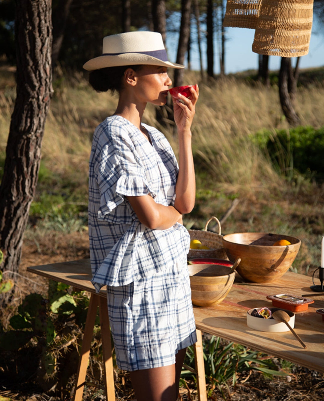 Arabella Cay Organic Cotton & Linen Blouse - White & Blue Check