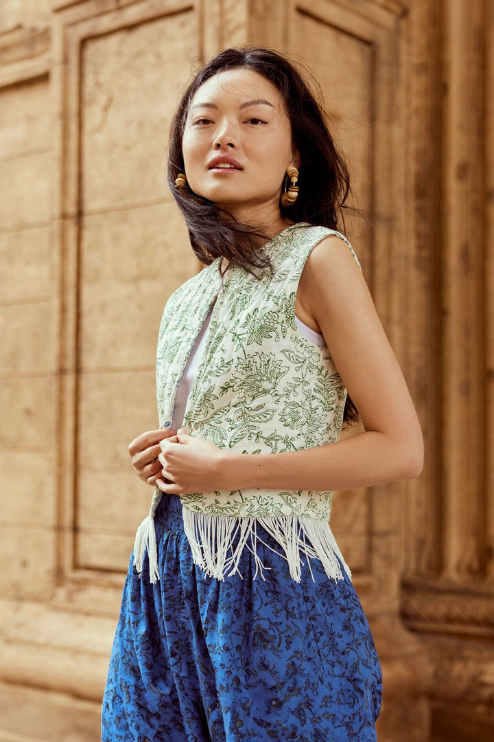 Ashlee Reversible Quilted Vest With Fringe - Cobalt Blue