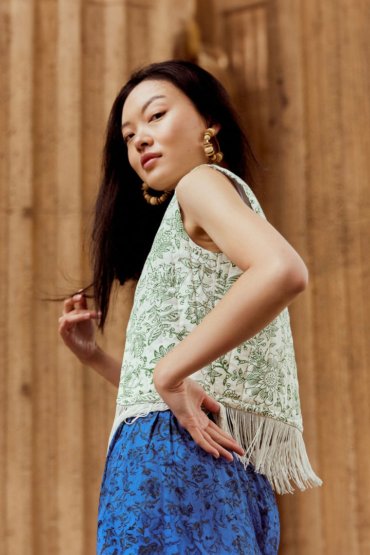 Ashlee Reversible Quilted Vest With Fringe - Cream Cobalt Sage