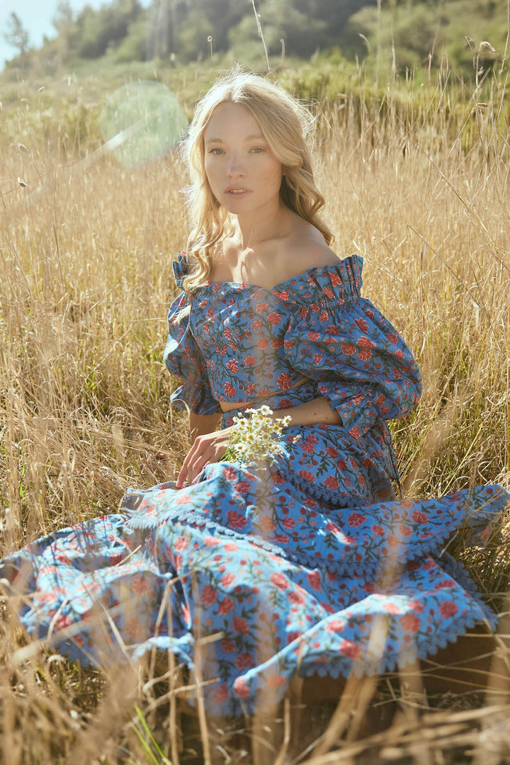 Brenda Tiered Skirt - French Blue/Punch Bouquet Floral print