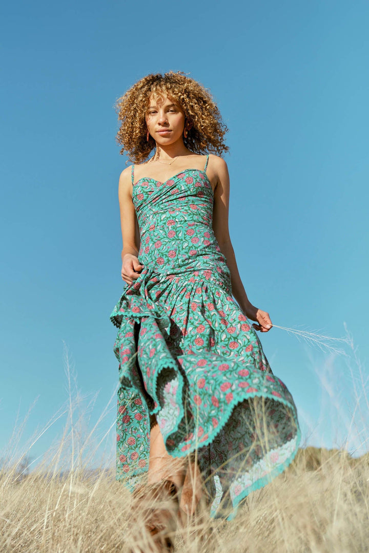 Helen Tiered Maxi Dress - Teal & Cerise Floral Print
