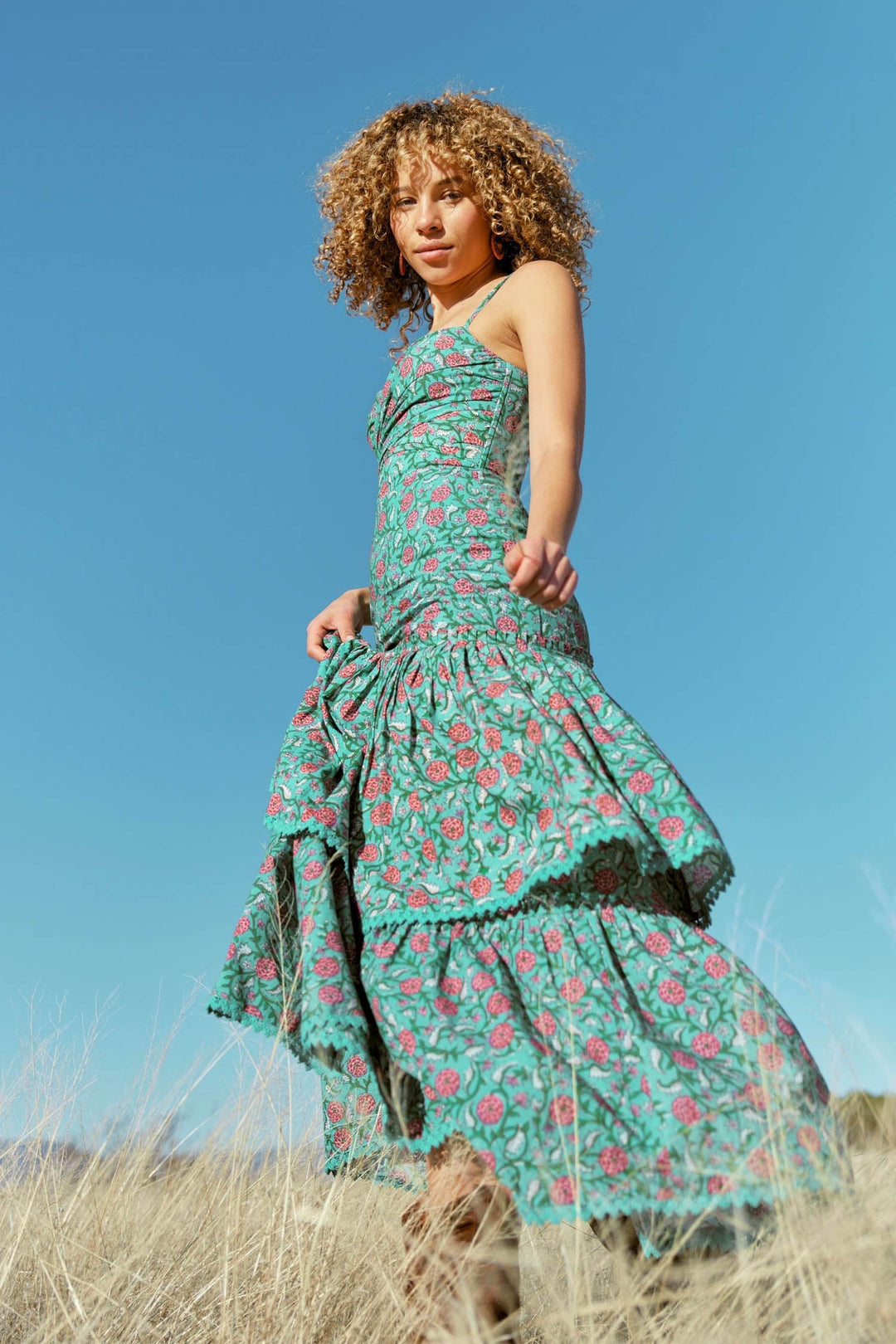 Helen Tiered Maxi Dress - Teal & Cerise Floral Print
