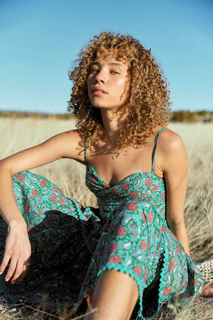 Helen Tiered Maxi Dress - Teal & Cerise Floral Print