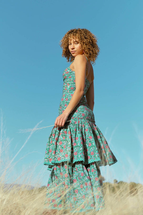 Helen Tiered Maxi Dress - Teal & Cerise Floral Print