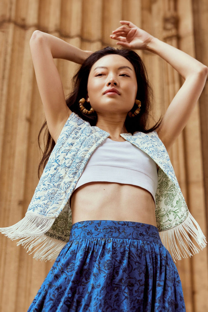 Ashlee Reversible Quilted Vest With Fringe - Cobalt Blue