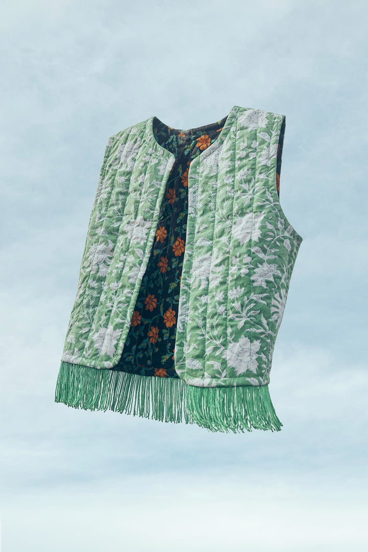 Ashlee Reversible Quilted Vest With Fringe - Clementine