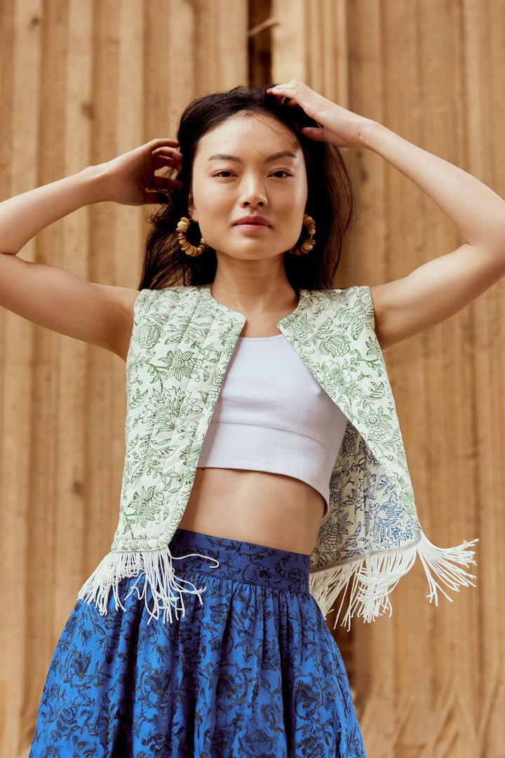 Ashlee Reversible Quilted Vest With Fringe - Cobalt Blue