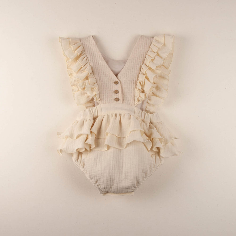Off White Romper Suit with Embroidered Bib