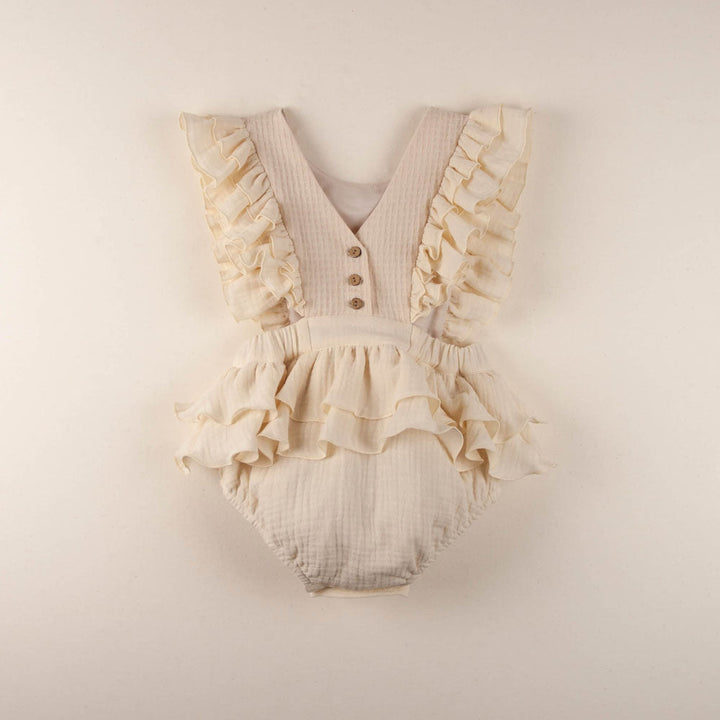 Off White Romper Suit with Embroidered Bib