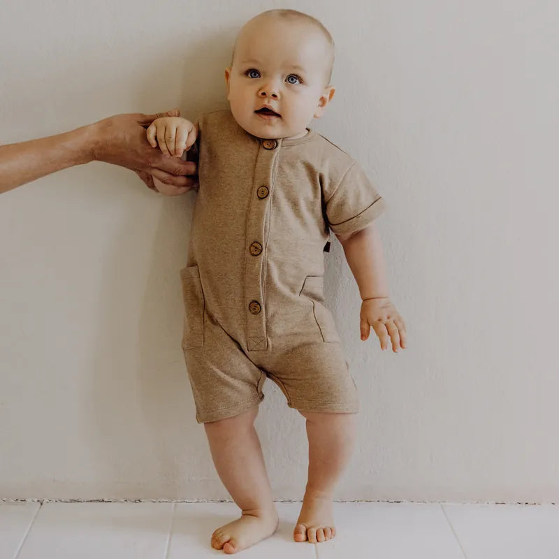 Organic Short Sleeve Romper -  Almond Melange