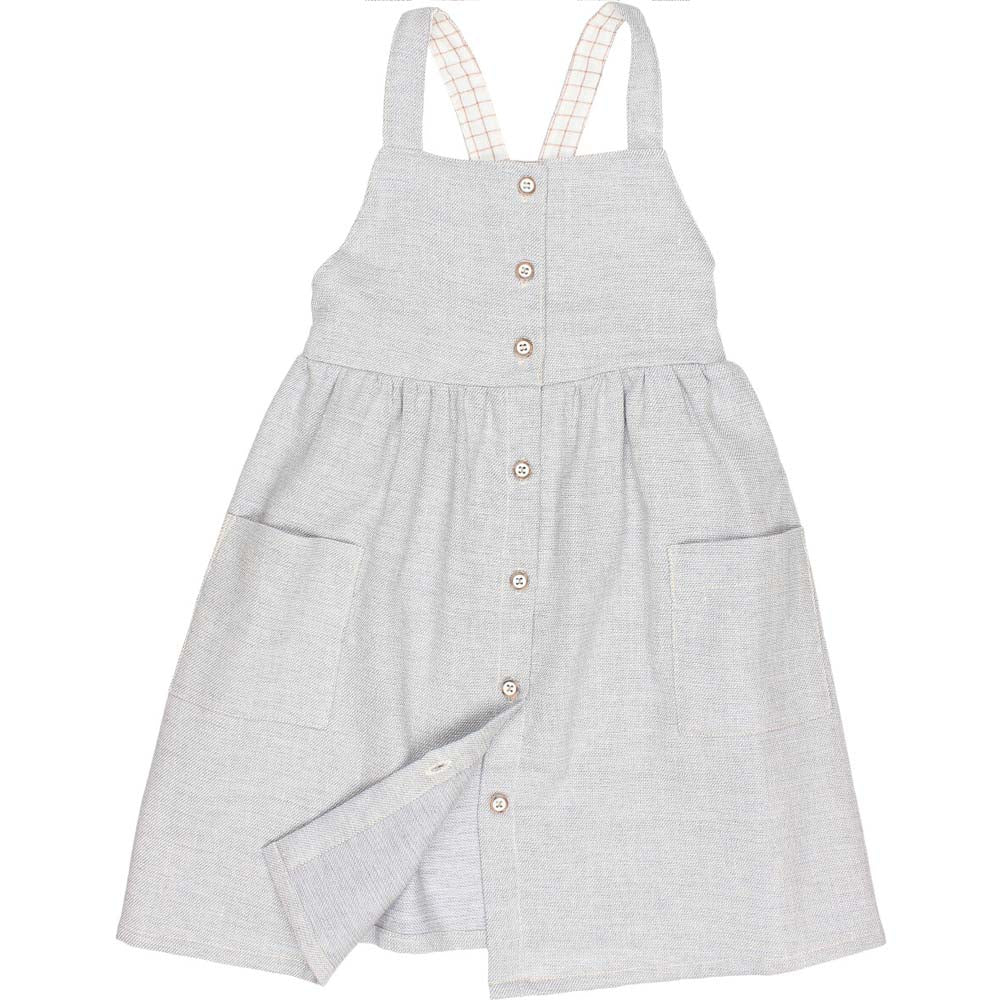 Button Front X-Back Linen Twill Dungaree Dress with Pockets - Jeans Denim