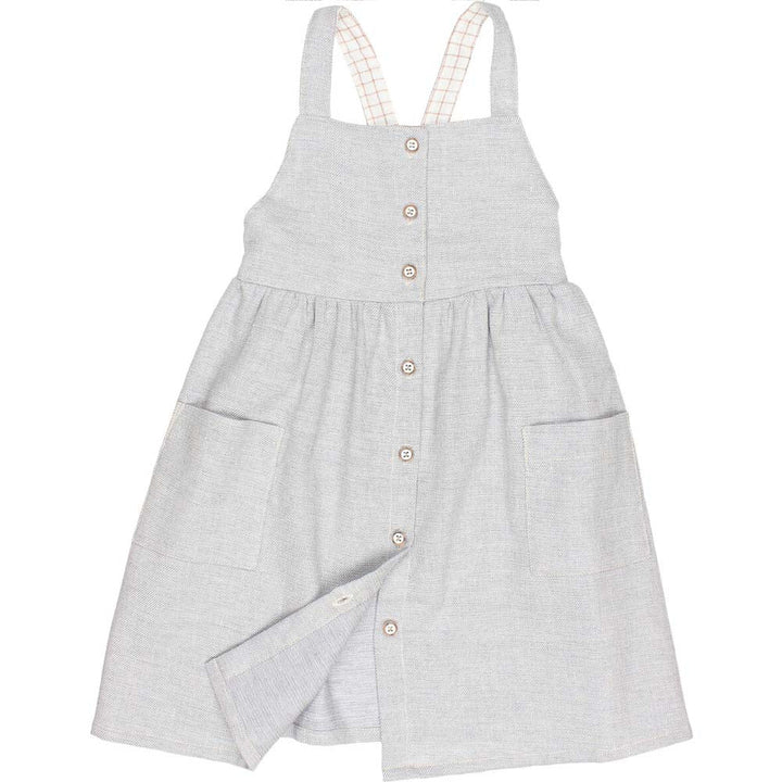 Button Front X-Back Linen Twill Dungaree Dress with Pockets - Jeans Denim