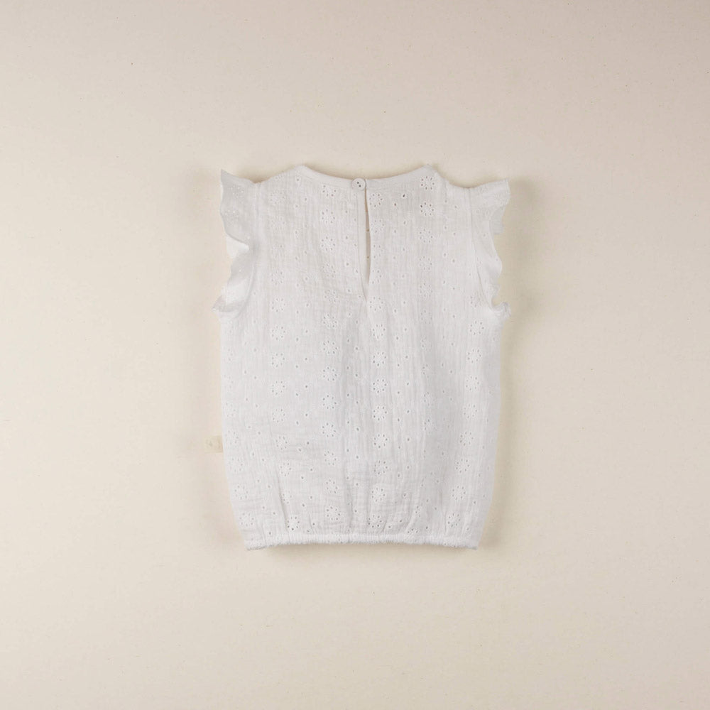 Organic Blouse with Cutaway Sleeve and Swiss Embroidery
