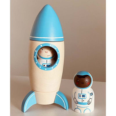 Wooden Toy Rocket with Astronaut - Blue with Stripe/Black Astronaut