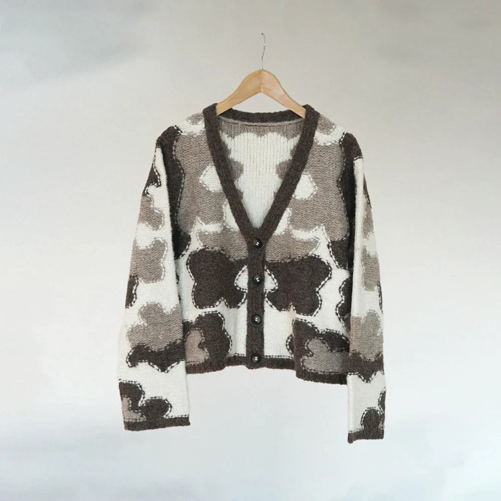 Mid Century Motif Intarsia Cardigan - Sand