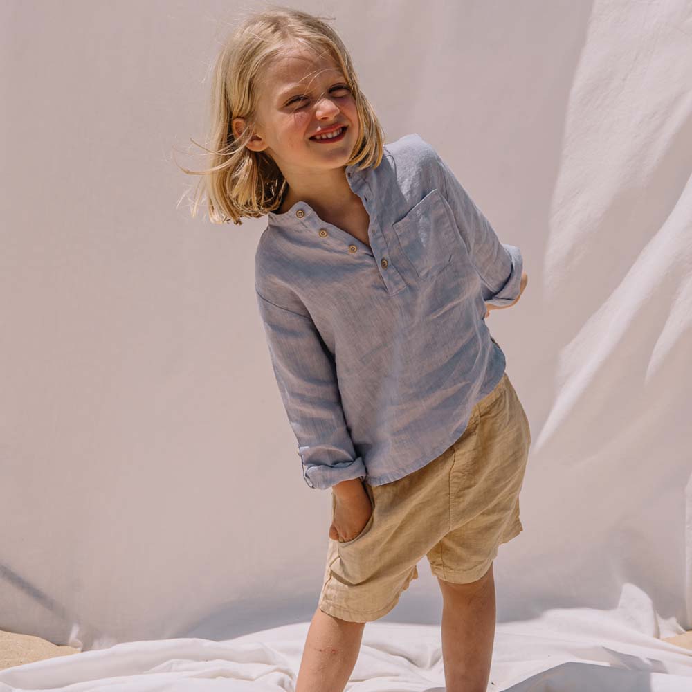 Button Linen Short Pants with Pockets - Biscotto