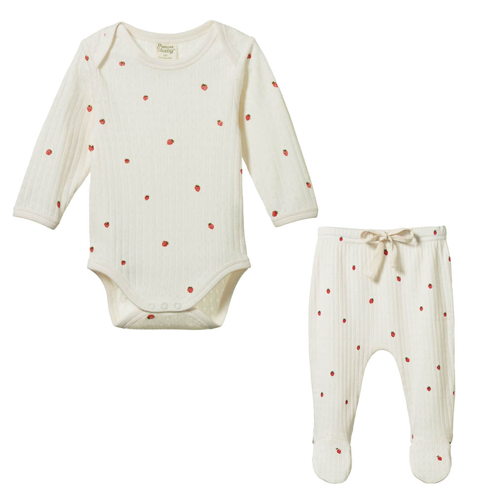 Long Sleeve Pointelle Bodysuit & Pointelle Footed Romper - Strawberry Field Print