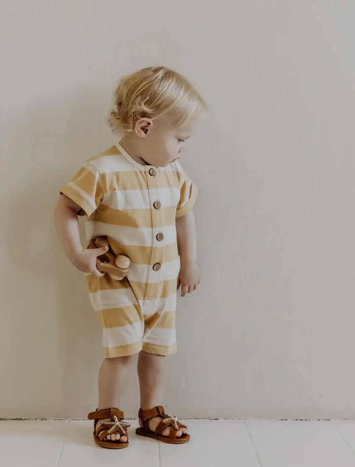 Organic Short Sleeve Romper -  Yellow Stripe