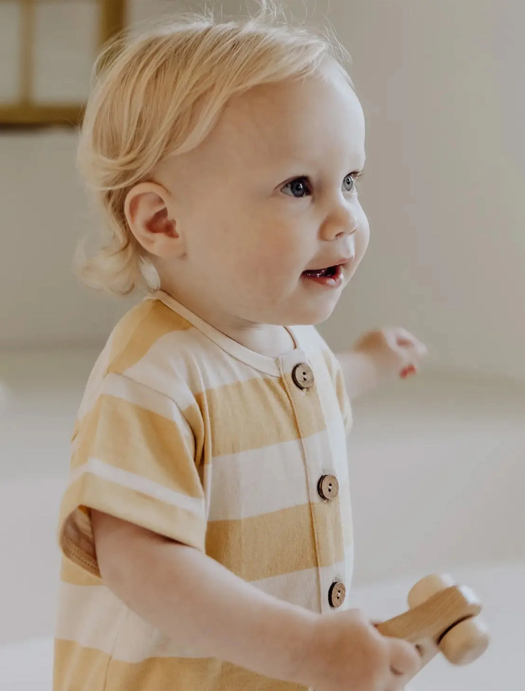 Organic Short Sleeve Romper -  Yellow Stripe