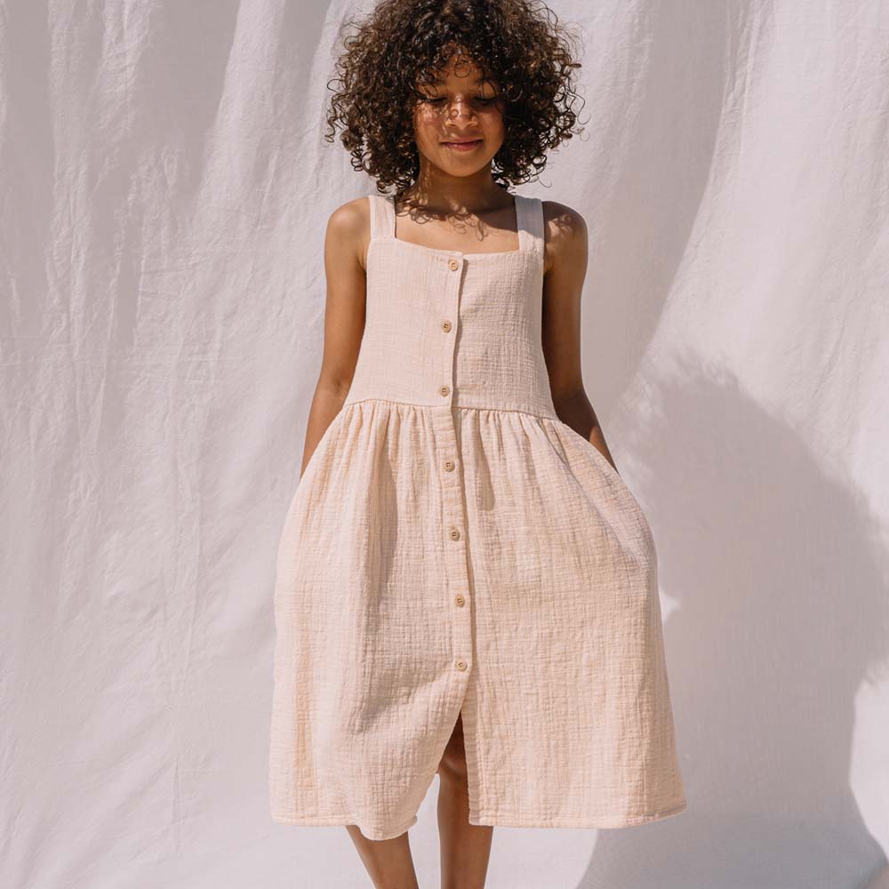 Double Gauze Button Front Cross Back Dungaree Dress - Vanilla