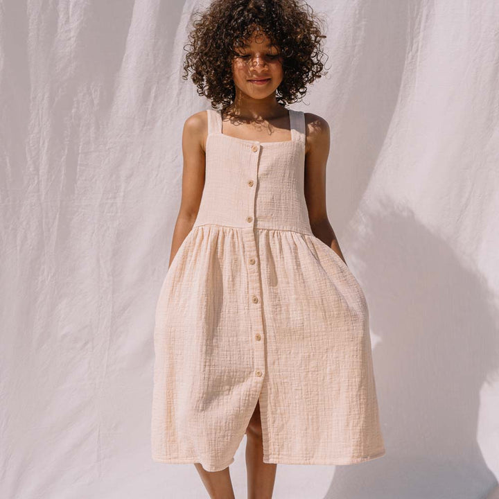 Double Gauze Button Front Cross Back Dungaree Dress - Vanilla
