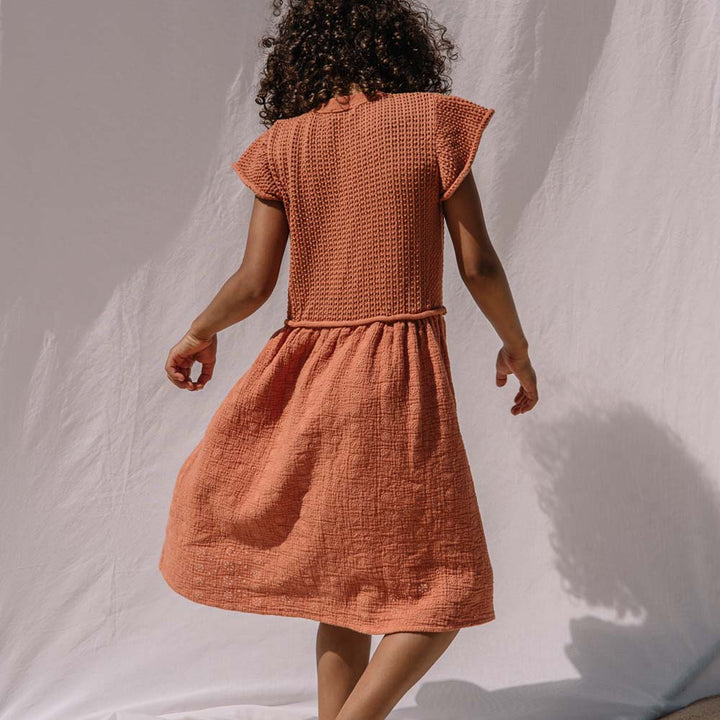 Flutter Sleeve Button Front Embroidery Combination Dress - Talc