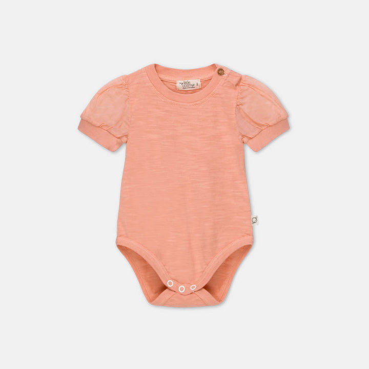 Slub Puffed Sleeves Bodysuit - Peach