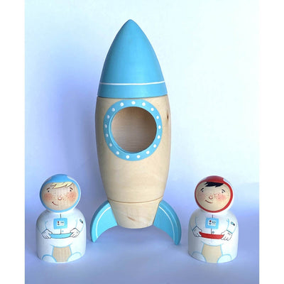 Wooden Toy Rocket with Astronaut - Blue with White Stripe/Black Hair