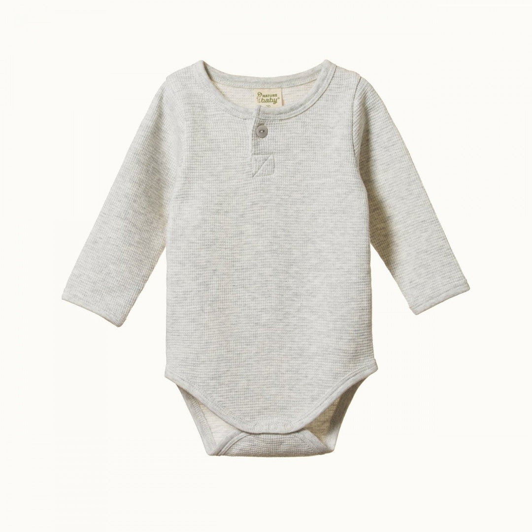 Waffle Henley Long Sleeve Bodysuit - Light Grey Marl