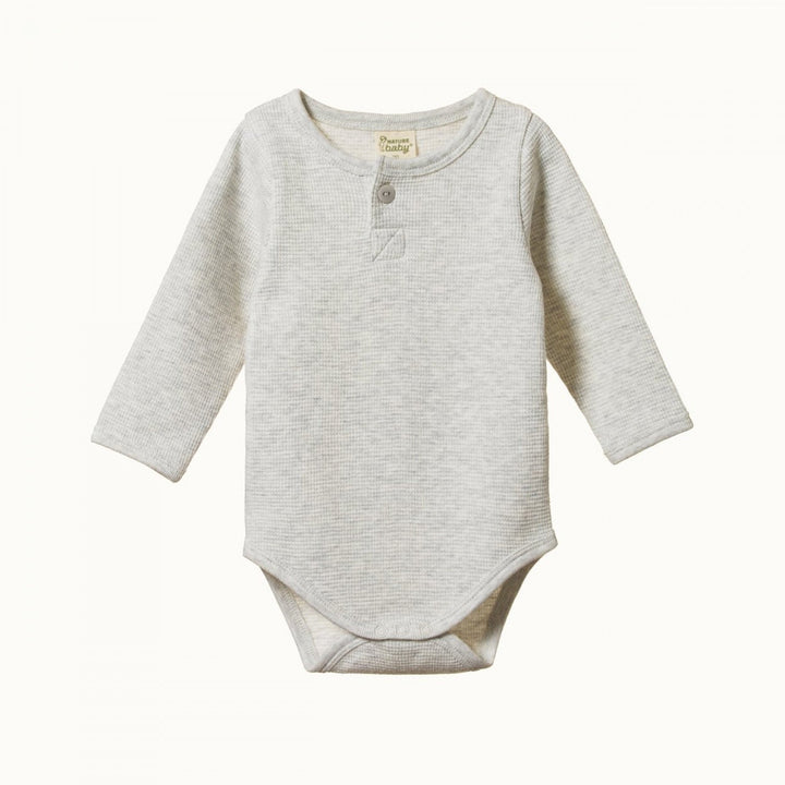 Waffle Henley Long Sleeve Bodysuit - Light Grey Marl