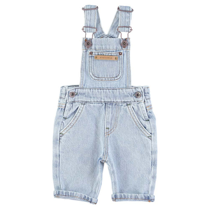 Baby Unisex Dungarees w/ Green Logo - Washed Light Blue Denim