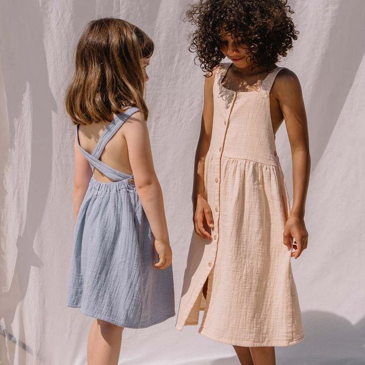 Double Gauze Button Front Cross Back Dungaree Dress - Anil