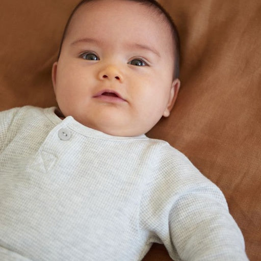 Waffle Henley Long Sleeve Bodysuit - Light Grey Marl