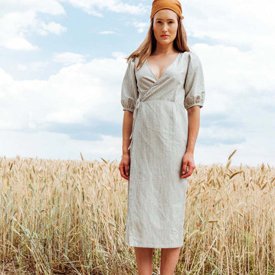 Lagoon Wrap Dress - White/grey stripes
