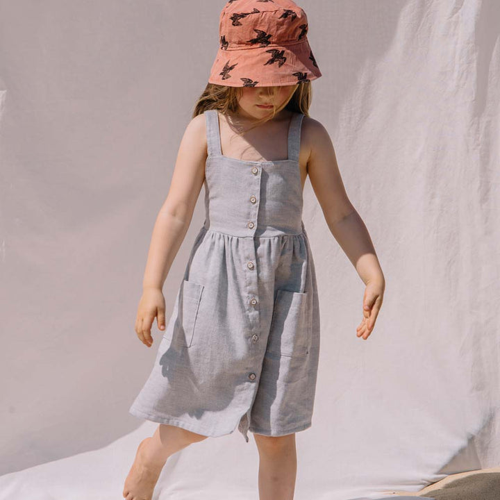 Button Front X-Back Linen Twill Dungaree Dress with Pockets - Jeans Denim
