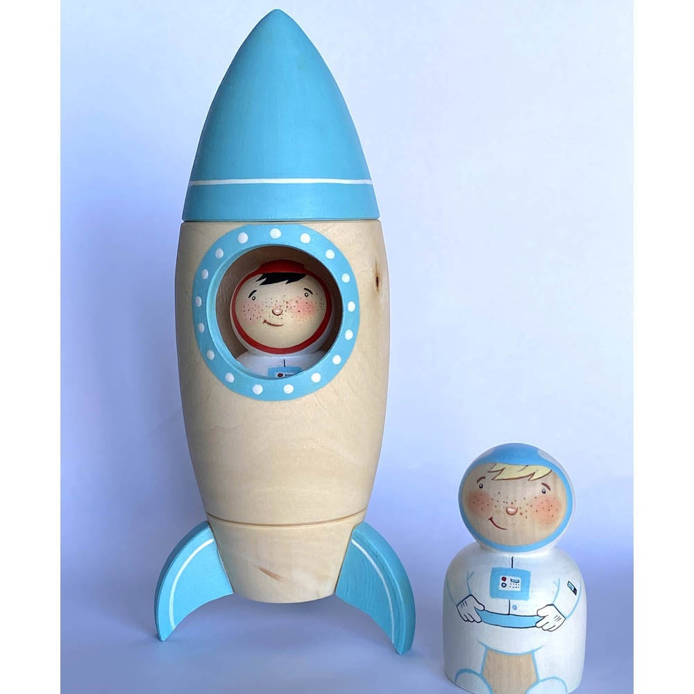 Wooden Toy Rocket with Astronaut - Blue with White Stripe/Blond Hair