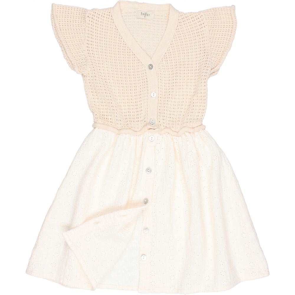 Flutter Sleeve Button Front Embroidery Combination Dress - Talc