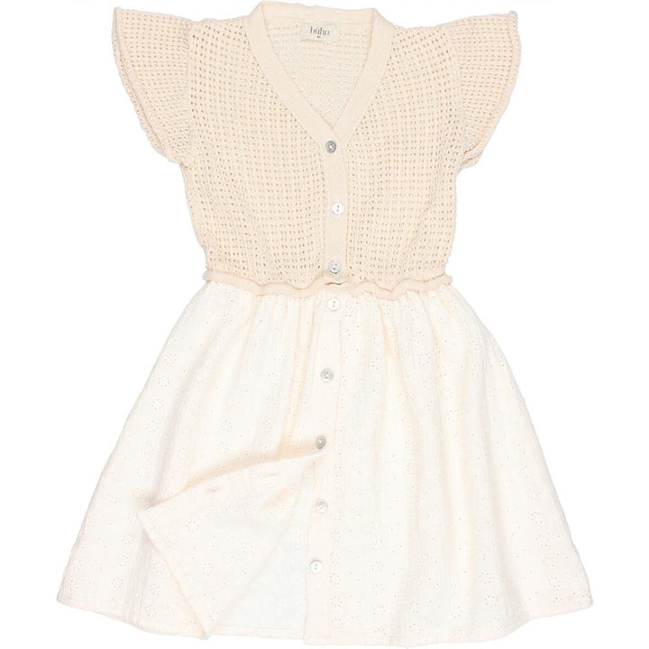 Flutter Sleeve Button Front Embroidery Combination Dress - Talc